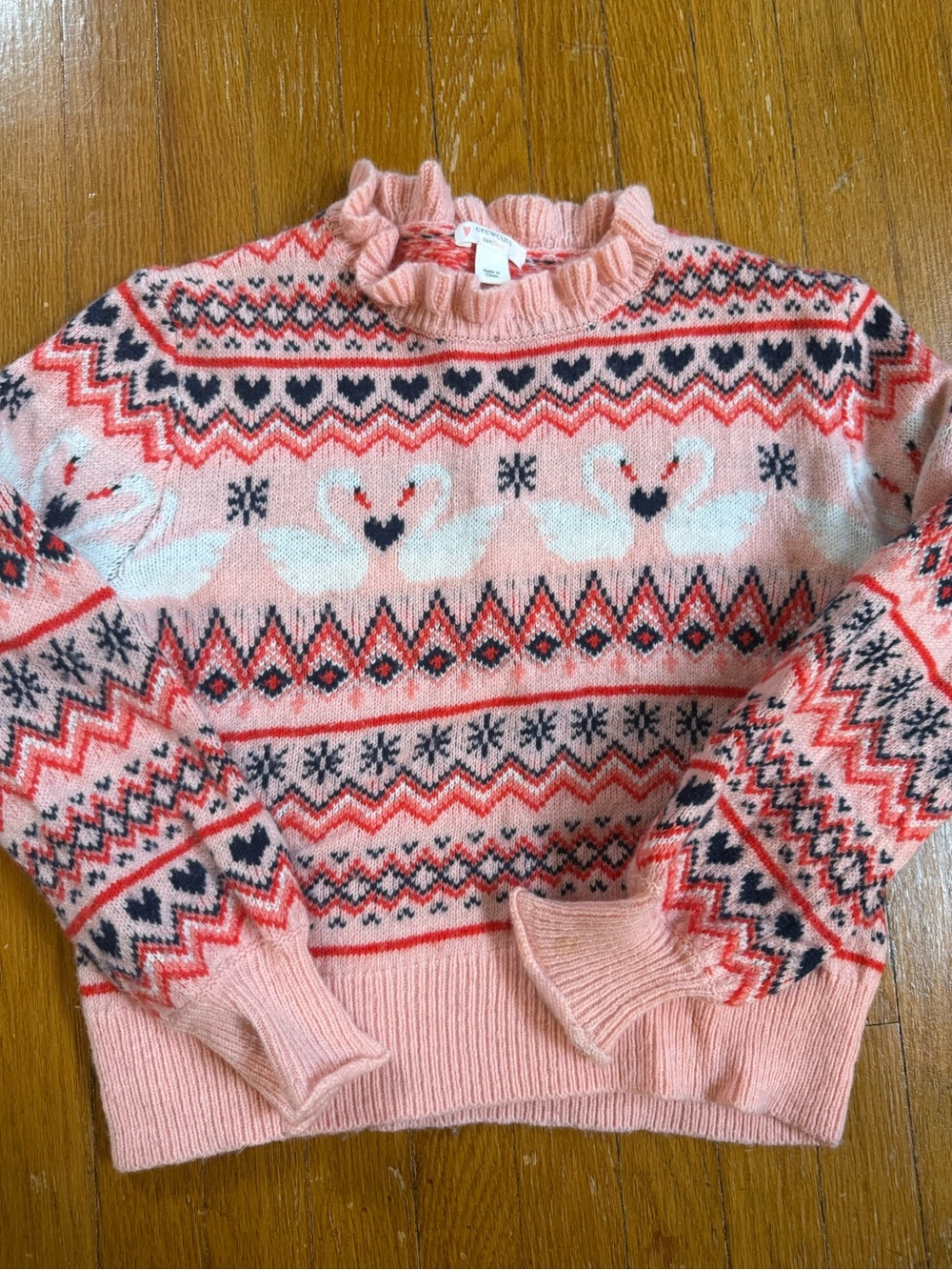 J. Crew Pink Fair Isle Ruffled Turtleneck Sweater with Swan Motif